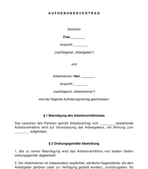 Aufhebungsvertrag Arbeitsrecht Muster Word Und PDF