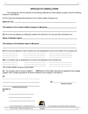 Fillable Online Dat State Md Maryland LLC Articles Of Cancellation Form