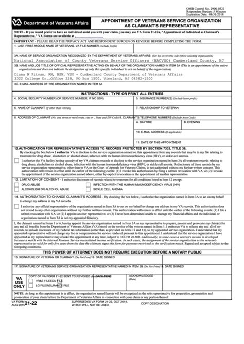 Fillable Form 21 22 Appointment Of Veterans Service Organization As