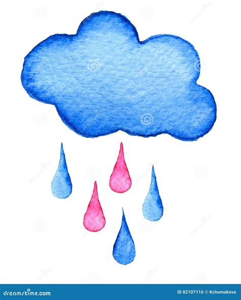 Hand Painted Watercolor Cloud And Rain Drops Isolated On White Stock