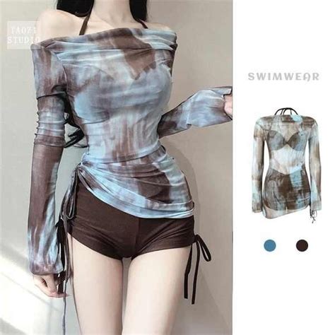 Beach Bikini Beach Attire Long Sofa Bikini Three Piece Split Swimsuit Mesh Long Sleeve Belly