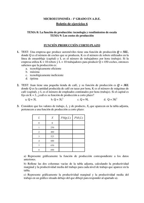 Practica 6 microeconomia MICROECONOMÍA 1º GRADO EN A D Boletín