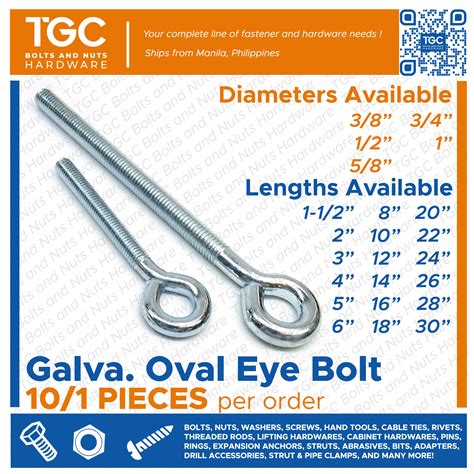 Tgc 1set 38 12 58 34 Gi Eye Bolt Galvanized Eyebolt Oval Eye