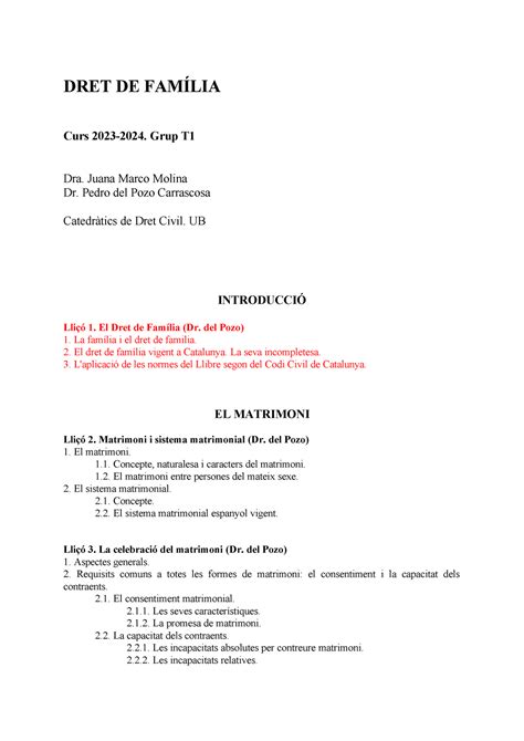 Programa Dret de Familia Curs 2023 2024 grup T1 2 DRET DE FAMÍLIA