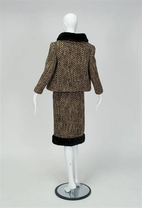 Brown Tweed Sheared Mink Trim Camelot Skirt Suit With Standing Collar