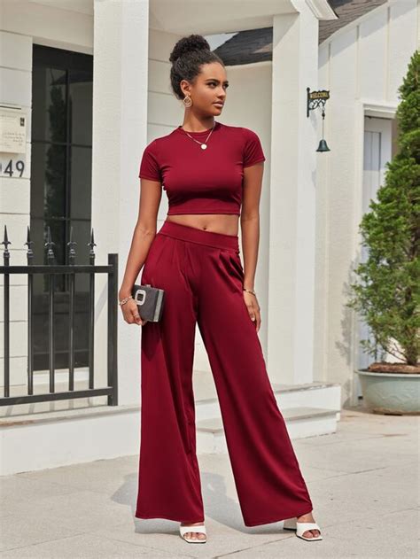 Ziai Solid Crop Tee Wide Leg Pants Shein Usa