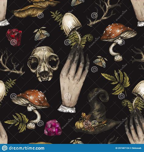 Vintage Magic Plants Seamless Pattern Amanita Mushroom Witch Hands