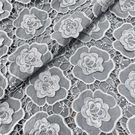 Premium Grey D Floral Sequins Embroidery Schiffli Crepe Fabric At Rs