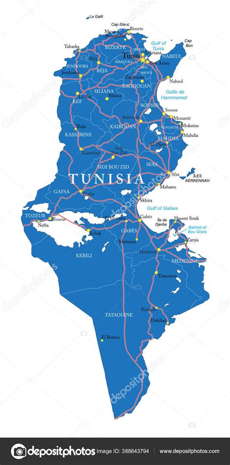 Túnez Mapa Vectorial Altamente Detallado Con Regiones Administrativas