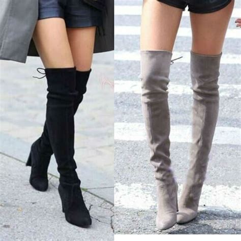 Plus Size Women Stretch Faux Suede Leather Slim Thigh High Boots Sexy Fashion Autumn Winter Over