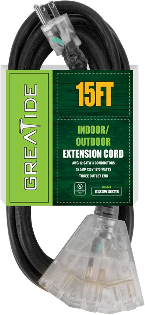 GREATIDE 15 Ft Lighted Outdoor Extension Cord With 3 Electrical Power