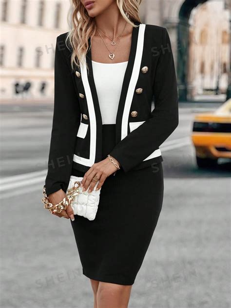 Shein Clasi Conjunto De Dos Piezas Negro Con Chaqueta De Detalles De