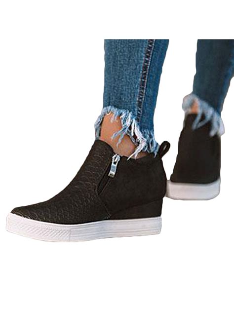 Lallc Womens Platform Zipper Wedge Sneakers Slip On Trainer Casual Shoes