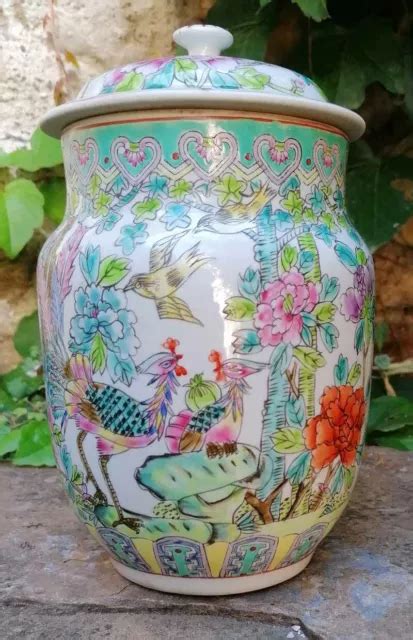 C Ramique Chinoise Vintage Pot Couvert Jar En Porcelaine Aux Couleurs