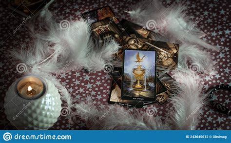 Blurred Predictions Background Tarot Cards Layout On Witch Table Stock