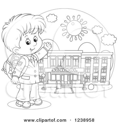 Clipart of a Black and White School Boy Presenting a Building on a ...