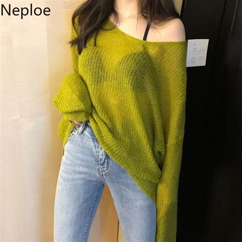 Neploe Woman Sweaters Sexy V Neck Knit Oversized Top Fashion Y2k