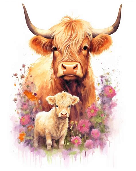 Premium AI Image | A painting of a cow and a calf