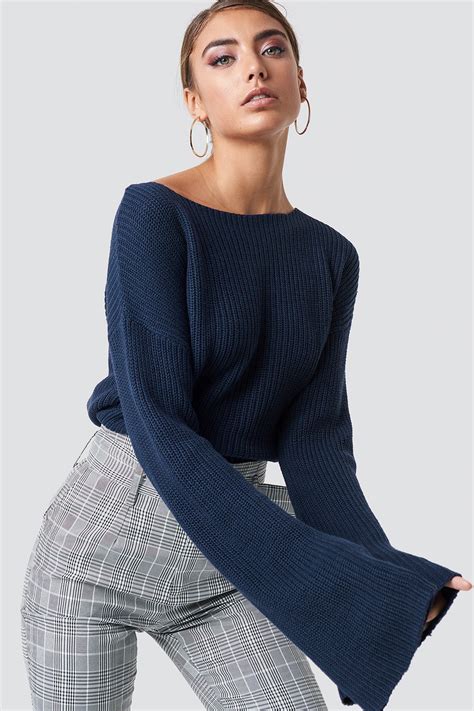 Cropped Long Sleeve Knitted Sweater Blue Sweaters Long Sleeve Knit