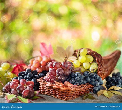 Cachos De Uvas Sobre A Mesa Velha De Madeira E Fundo De Outono Turvo E