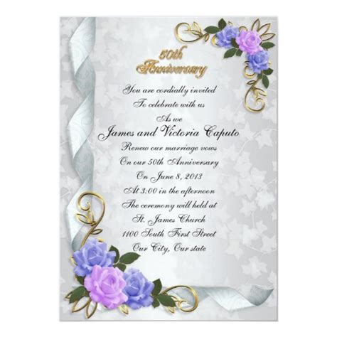 50th Anniversary Vow Renewal Blue And Lavender Roses Invitation