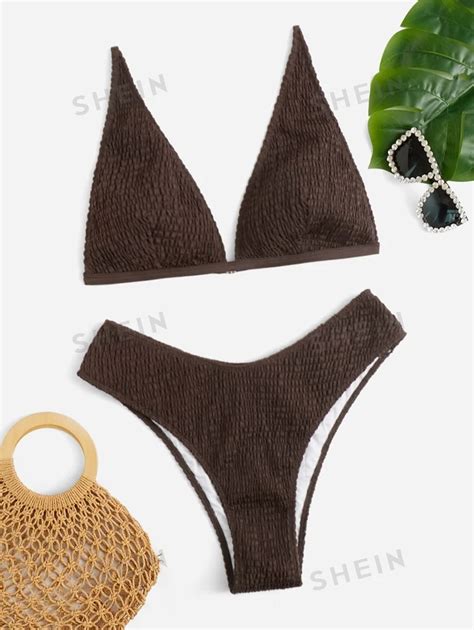 SHEIN Swim Curve Conjunto De Bikini De Talla Grande Con Escote Alto Ahumado Ideal Para La Playa