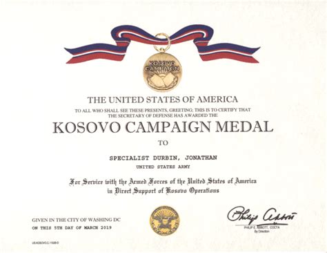 Kosovo Campaign Medal Certificate