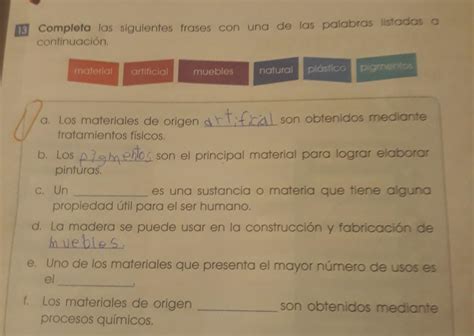13 Completa Las Siguientes Frases Con Una De Las Palabras Listadas A