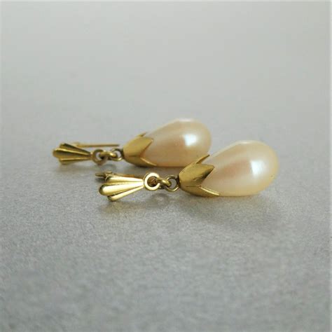 Beryl Lane Vintage 9ct Yellow Gold Pearl Teardrop Earrings English Hallmarked