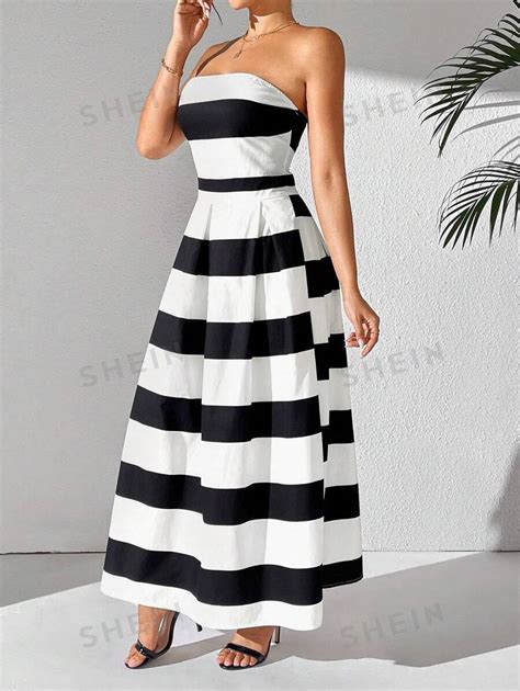 SHEIN Privé Vestido largo semiforme negro y blanco con corte en A sin