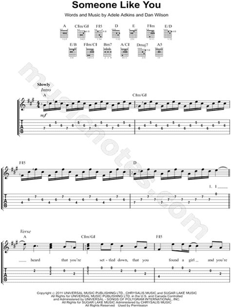 Adele Someone Like You Guitar Tab In A Major Download And Print Sku Mn0104562