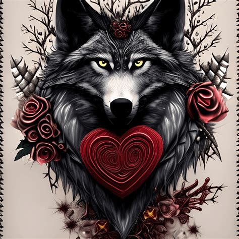 Whimsical Detailed Fantasy Wolf With Romantic Hearts Valentines Day