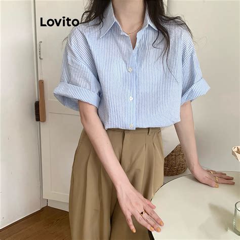 Lovito Women Casual Striped Button Front Blouse Lne Blue