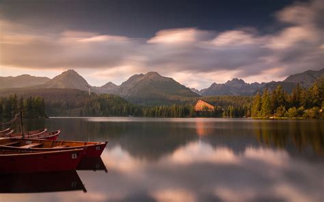 Boat Reflection Trees Tatra Mountains House Slovakia Lake Clouds