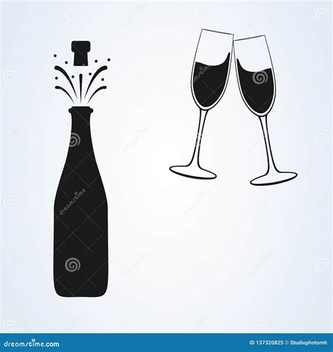 Champagne Bottle And Two Glasses Black Silhouette Icons Simple Minimal