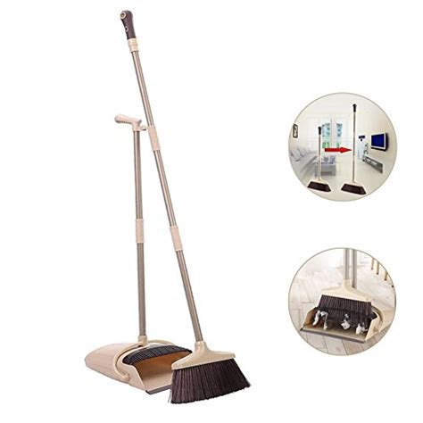 Long Handle Broom and Dustpan Set, 48″ Lobby Broom and Upright Dustpan with Teeth, Extendable ...