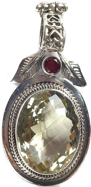 Faceted Lemon Topaz Oval Pendant With Garnet Exotic India Art