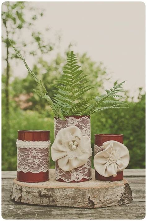 3 Vintage Lace Tin Can Vases Ivorycreamred Wedding Centerpiece