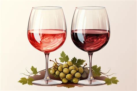 Dois Copos De Vinho Tinto Uvas Vetor Vetor Premium