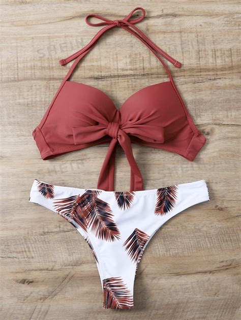 Shein Swim Conjunto De Bikini Con Estampado De Hojas De Palma Sujetador