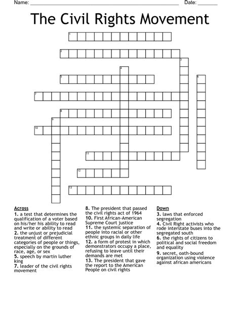 The Civil Rights Movement Crossword Review Answer Key