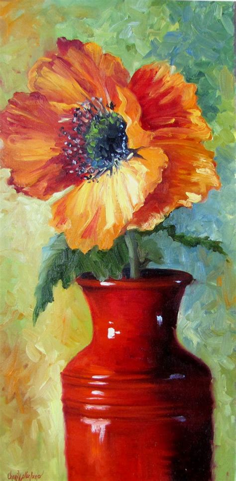 Red Poppy Flower in Bright Red Vase Original Oil Painting