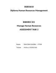 Task 3 BSB50618 Diploma Human Resources Management BSBHRM 501 Manage