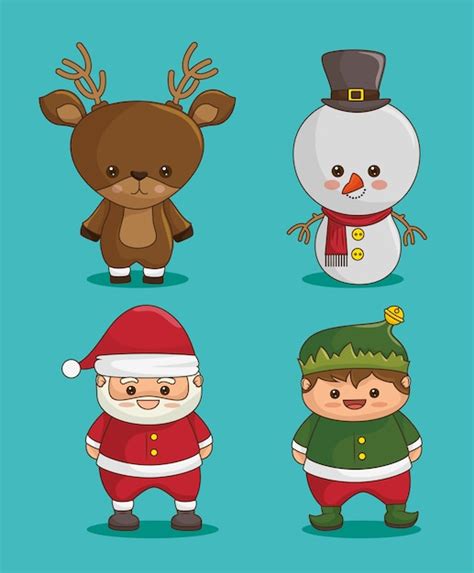 Personagens De Natal Veado Boneco De Neve Papai Noel E Elfo Vetor