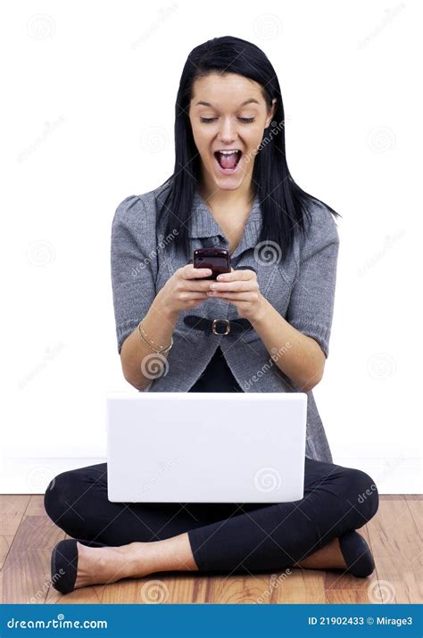 Young Woman Texting With Laptop On Crossed Legs Stock Image Image Of