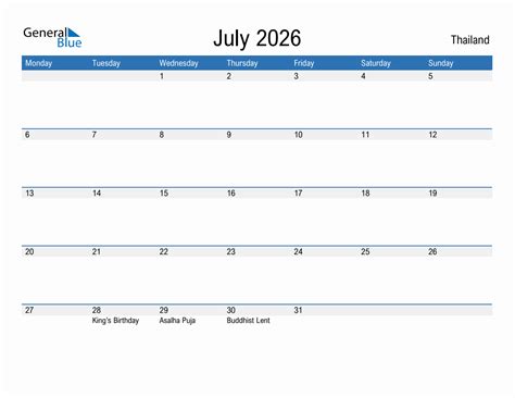 editable july  calendar  thailand holidays monday start