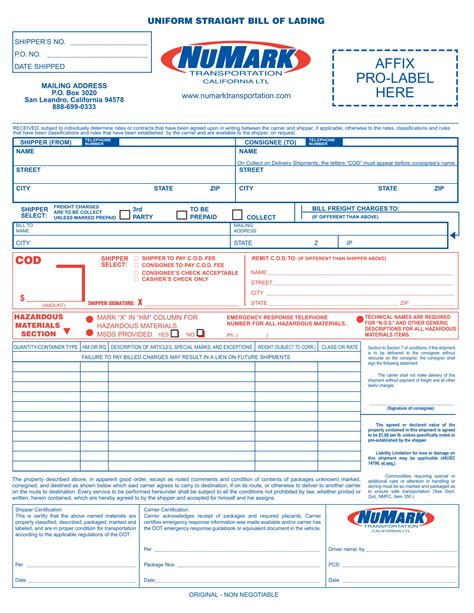 Bill Of Lading Indd Quik X Transportation