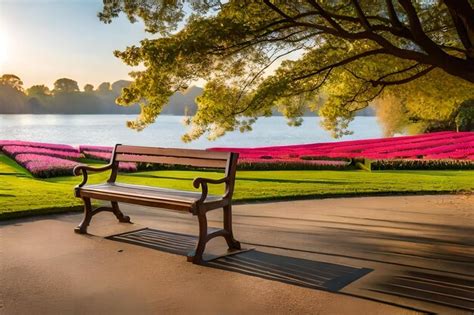 Premium Photo A Park Bench With Pink Flowers On The Grass