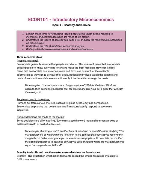 Econ101 Topic 1 Notes Econ101 Introductory Microeconomics Topic 1