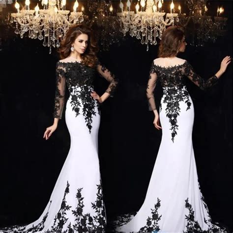 Elegant Black White Evening Dresses Long Sleeve Appliques Lace